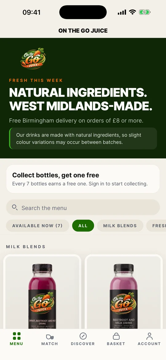 The On The Go Juice app menu